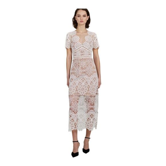 SELF-PORTRAIT Ivory Floral Guipure Midi Dress Size 8 NWT
